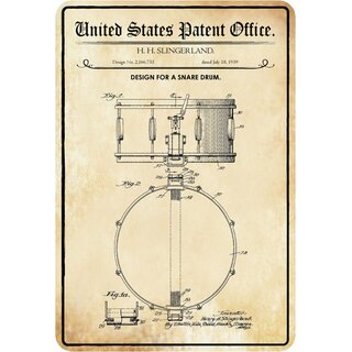 Schild Motiv "Design for a snare drum, Trommeln Patent" 20 x 30 cm