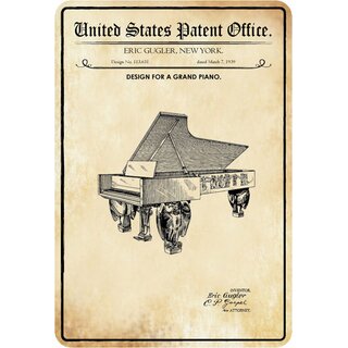 Schild Motiv "Design for a Grand Piano, Flügel Klavier Patent" 20 x 30 cm 
