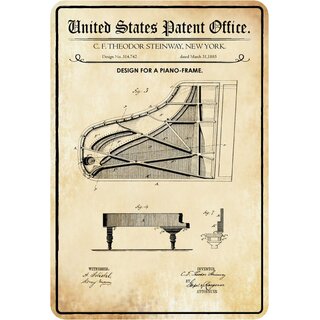 Schild Motiv "Design for a piano-frame, Klavier Flügel Patent" 20 x 30 cm
