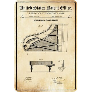 Schild Motiv "Design for a piano-frame, Klavier Flügel Patent" 20 x 30 cm 
