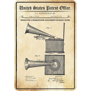 Schild Motiv "Design Gramophone attachment for Music Boxes, Musikbox" 20 x 30 cm 