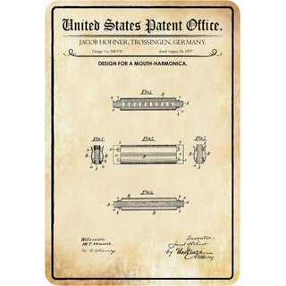 Schild Motiv "Design for a mouth-harmonica, Mundharmonika Patent" 20 x 30 cm