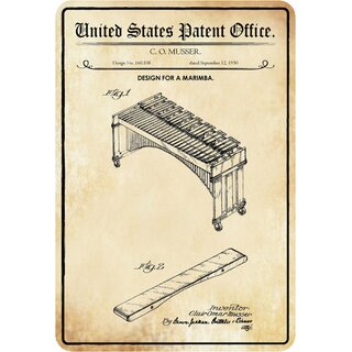 Schild Motiv "Design for a Marimba, Holz-Schlagstabspiele Patent" 20 x 30 cm 