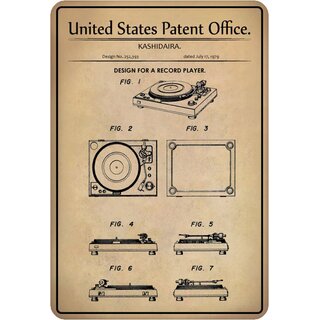 Schild Motiv "Design for a Record Player, Schallplattenspieler Patent" 20 x 30 cm 