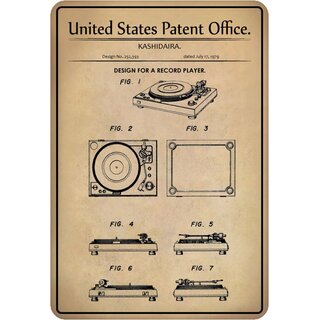 Schild Motiv "Design for a Record Player, Schallplattenspieler Patent" 20 x 30 cm