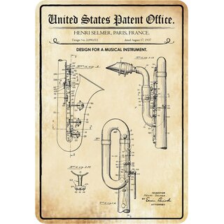 Schild Motiv "Design for musical instrument, Blasinstrument Patent" 20 x 30 cm 