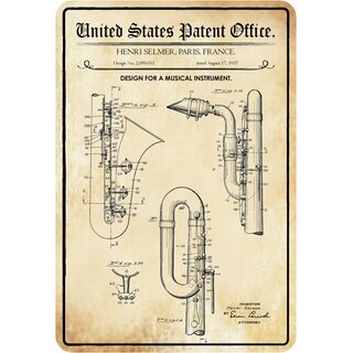 Schild Motiv "Design for musical instrument, Blasinstrument Patent" 20 x 30 cm