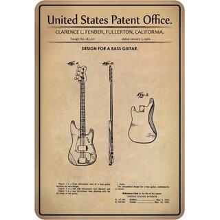 Schild Motiv "Design for a Bass Guitar, Bassgitarre Patent" 20 x 30 cm