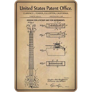 Schild Motiv "Design for a Pickup unit for Instruments, Gitarre Patent" 20 x 30 cm 