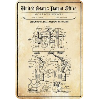 Schild Motiv "Design for a Brass Musical Instrument, Blechblasinstrument Patent" 20 x 30 cm