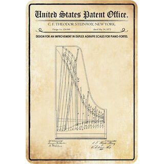 Schild Motiv "Design for improvement in duplex piano fortes, Klavier Patent" 20 x 30 cm 