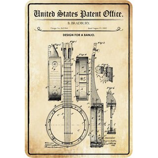 Schild Motiv "Design for a banjo, Bradbury Patent" 20 x 30 cm 