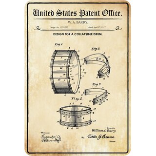 Schild Motiv "Design for a collapsible drum, Trommel Patent" 20 x 30 cm