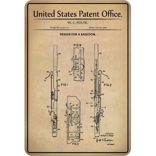 Schild Motiv "Design for a bassoon, Blasinstrument Patent" 20 x 30 cm
