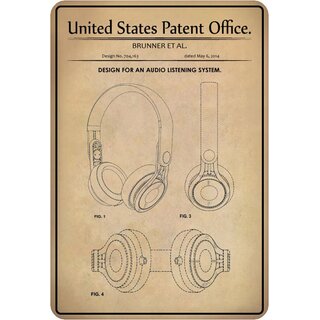 Schild Motiv "Design for an audio listening system, Kopfhörer Patent" 20 x 30 cm 