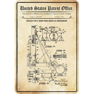 Schild Motiv "Design for wind reed musical instrument, Schlagzeug Patent" 20 x 30 cm