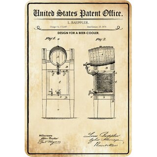 Schild Motiv "Design for a beer cooler, Bier Kühler Patent" 20 x 30 cm 