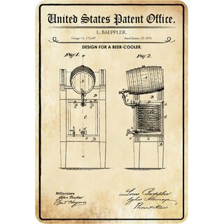 Schild Motiv "Design for a beer cooler, Bier Kühler Patent" 20 x 30 cm
