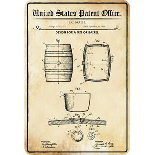 Schild Motiv "Design for a keg or barrel, Fass Patent" 20 x 30 cm