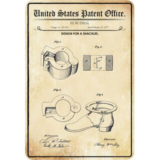 Schild Motiv "Design for a shackles, Fuß Fessel Patent" 20 x 30 cm