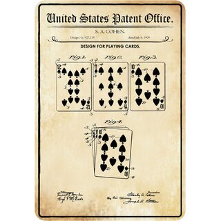 Schild Motiv "Design for playing card, Spielkarten Patent" 20 x 30 cm 