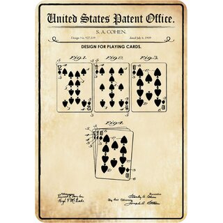 Schild Motiv "Design for playing card, Spielkarten Patent" 20 x 30 cm