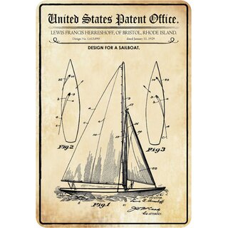 Schild Motiv "Design for a sailboat, Segelboot Patent" 20 x 30 cm 
