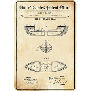Schild Motiv "Design for a life-boat, Rettungsboot Patent" 20 x 30 cm 