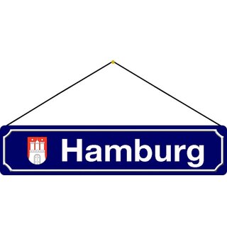 Schild Stadt "Hamburg" 46 x 10 cm Blechschild blau mit Wapen mit Kordel