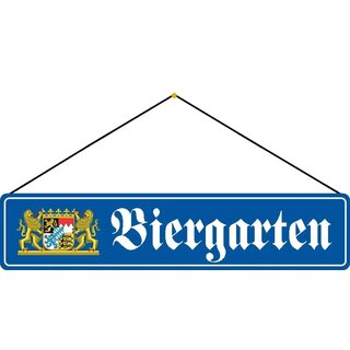 Schild Spruch "Biergarten" 46 x 10 cm Blechschild blau mit Bayern-Wappen mit Kordel
