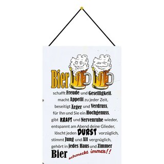 Schild Spruch Bier schafft Freude, schmeckt immer 20 x 30 cm Blechschild mit Kordel