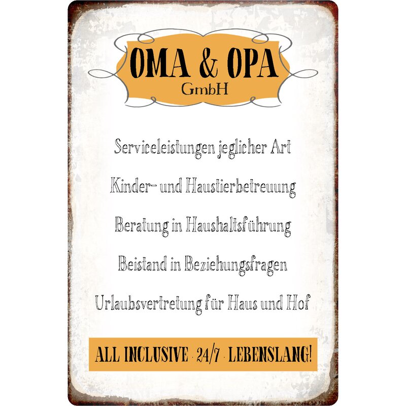 Schild Spruch "Oma & Opa GmbH All Inclusive 24/7 lebenslang" 20 x 30