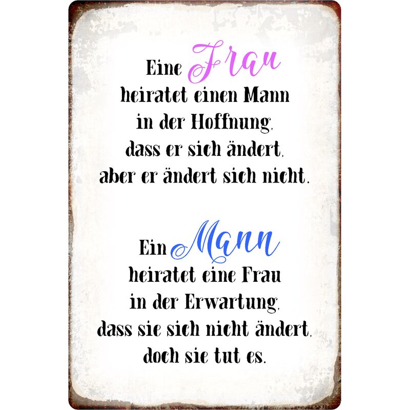 Schild Spruch "Frau heiratet Mann, Mann heiratet Frau" 20 x 30 cm, 9,