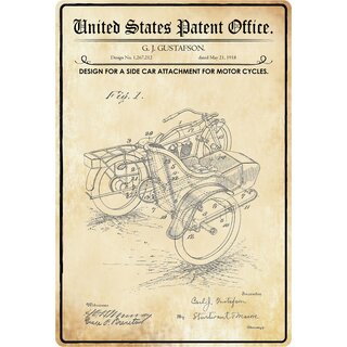 Schild Motiv "Design for a side car attachment for motor cycles" Seitenwagen 20 x 30 cm