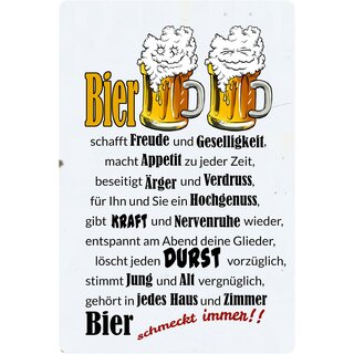 Schild Spruch "Bier schafft Freude, schmeckt immer" 20 x 30 cm 