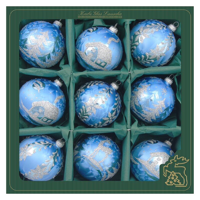 Krebs Glas Lauscha Weihnachtskugeln Blau Eislack mit Ornamenten 9 Stü