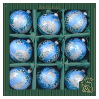 Krebs Glas Lauscha Weihnachtskugeln Blau Eislack mit Ornamenten 9 Stück/Set, Ø 8 cm