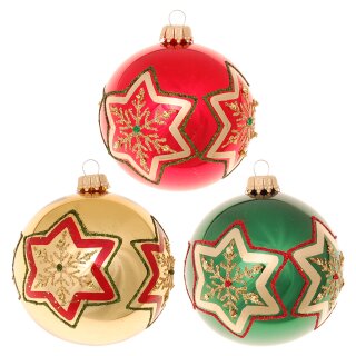 Krebs Glas Lauscha Weihnachtskugeln Rot Gold Grün mit Sternen 3 Stück