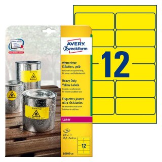 Avery Zweckform® L6107-20 Folienetiketten - 99,1 x 42,3 mm, gelb, 240 Etiketten, wiederablösbar, wetterfest