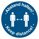 Hinweisschild "Abstand halten! Keep distance!" Folie, blau, Ø 40 mm 12 Stück/Bogen