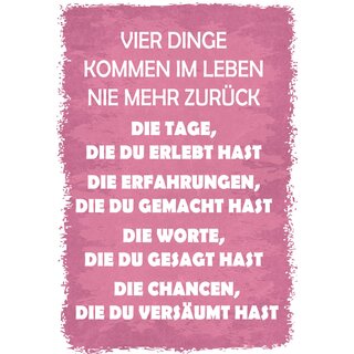 Schild Spruch "Vier Dinge kommen nie mehr zurück" 20 x 30 cm Blechschild
