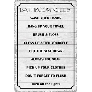 Schild Spruch "Bathroom rules - Badezimmerregeln" 20 x 30 cm Blechschild