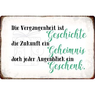 Schild Spruch "Vergangenheit, Geheimnis, Geschenk" 30 x 20 cm Blechschild