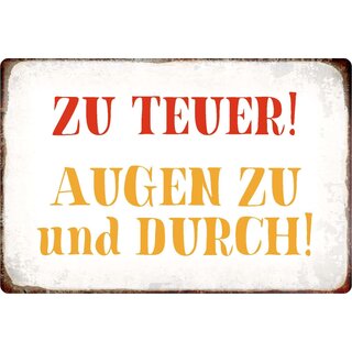 Schild Spruch "Zu teuer. Augen zu und durch." 30 x 20 cm Blechschild