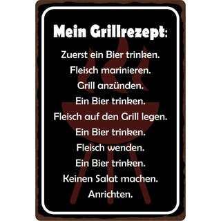 Schild Spruch "Mein Grillrezept, Bier trinken" 20 x 30 cm Blechschild