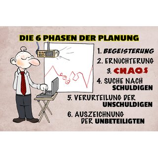 Schild Spruch "Die 6 Phasen der Planung" 30 x 20 cm Blechschild