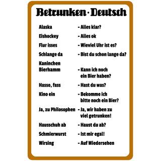 Schild Spruch "Betrunken Deutsch" 20 x 30 cm Blechschild