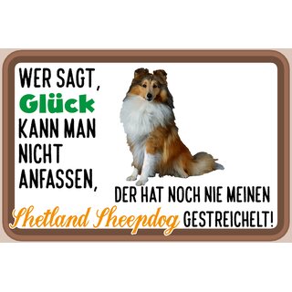 Schild Spruch "Wer sagt Glück kann man nicht anfassen Shetland Sheepdog" 30 x 20 cm Blechschild