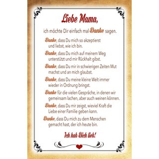 Schild Spruch "Liebe Mama, Danke sagen" 20 x 30 cm Blechschild