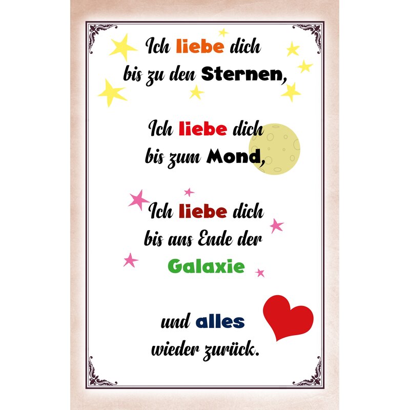 Schild Spruch "Ich liebe dich bis zu den Sternen" 20 x 30 cm Blechsch